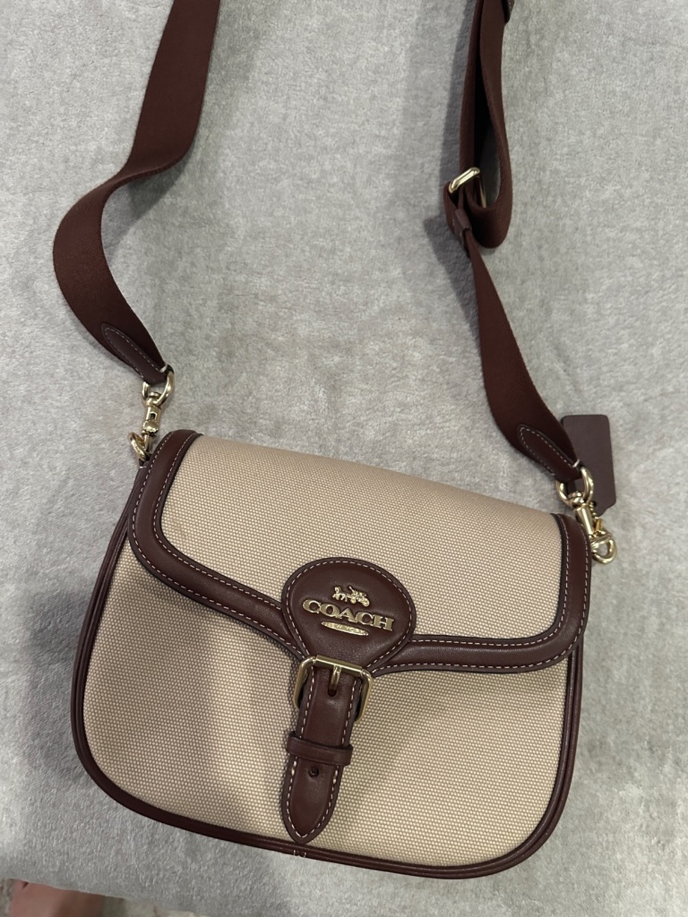 COACH Beige and Brown Amelia Crossbody Saddle Bag